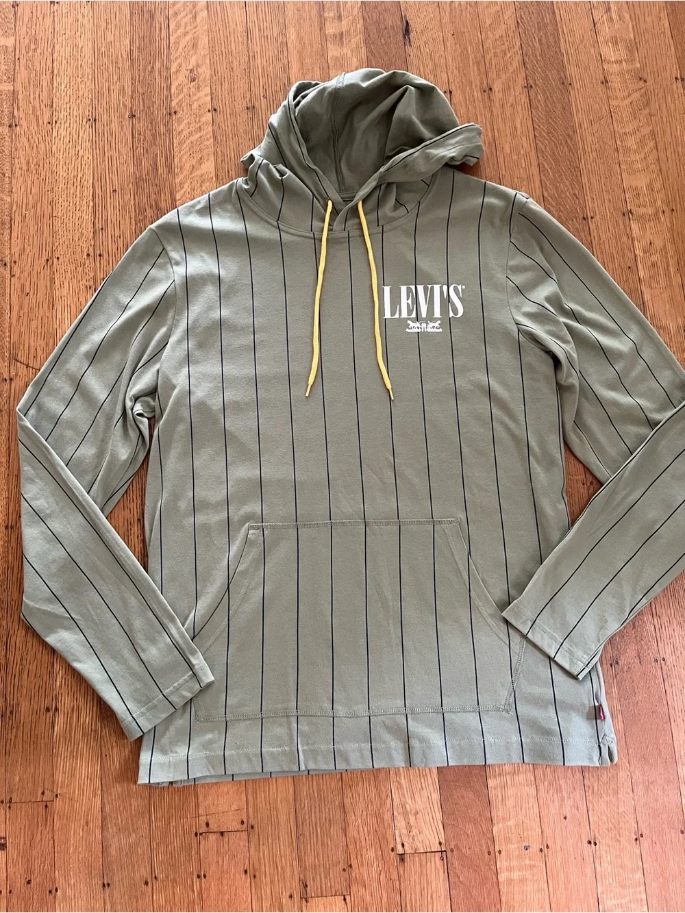 Levi's Olive Green Pinstripe Hooded Pullover with Yellow Drawstrings